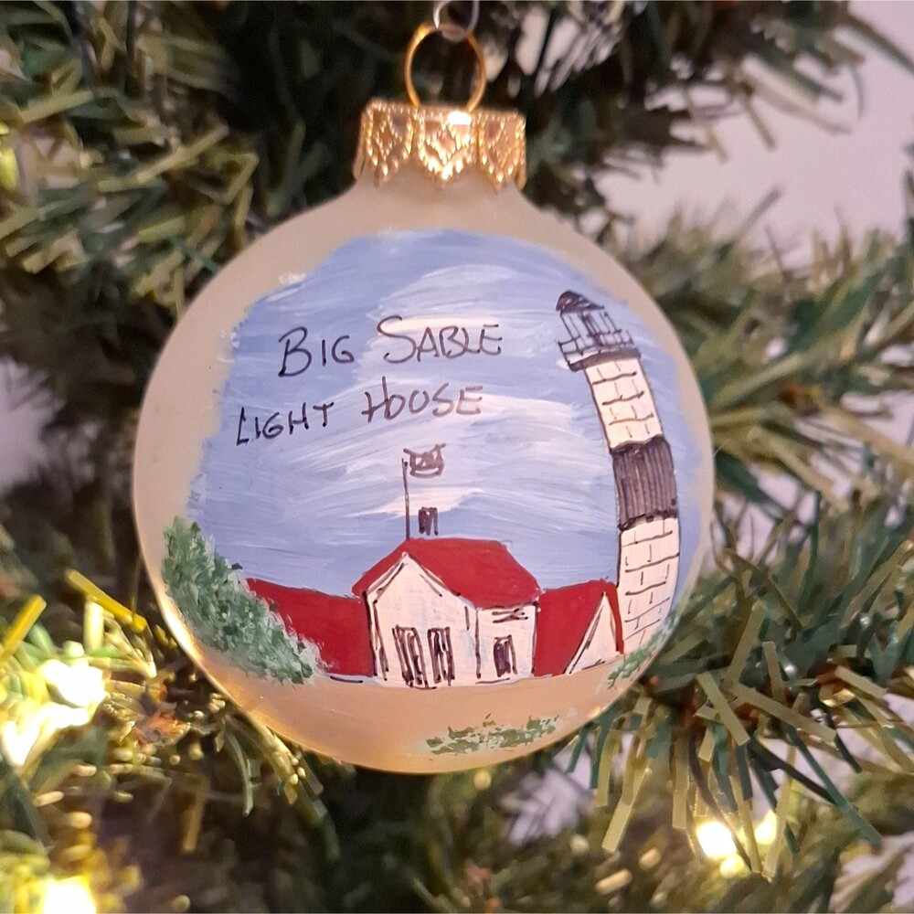 Big Sable Lighthouse Hand Painted Christmas Glass Ball Ornament Michigan 2.5"